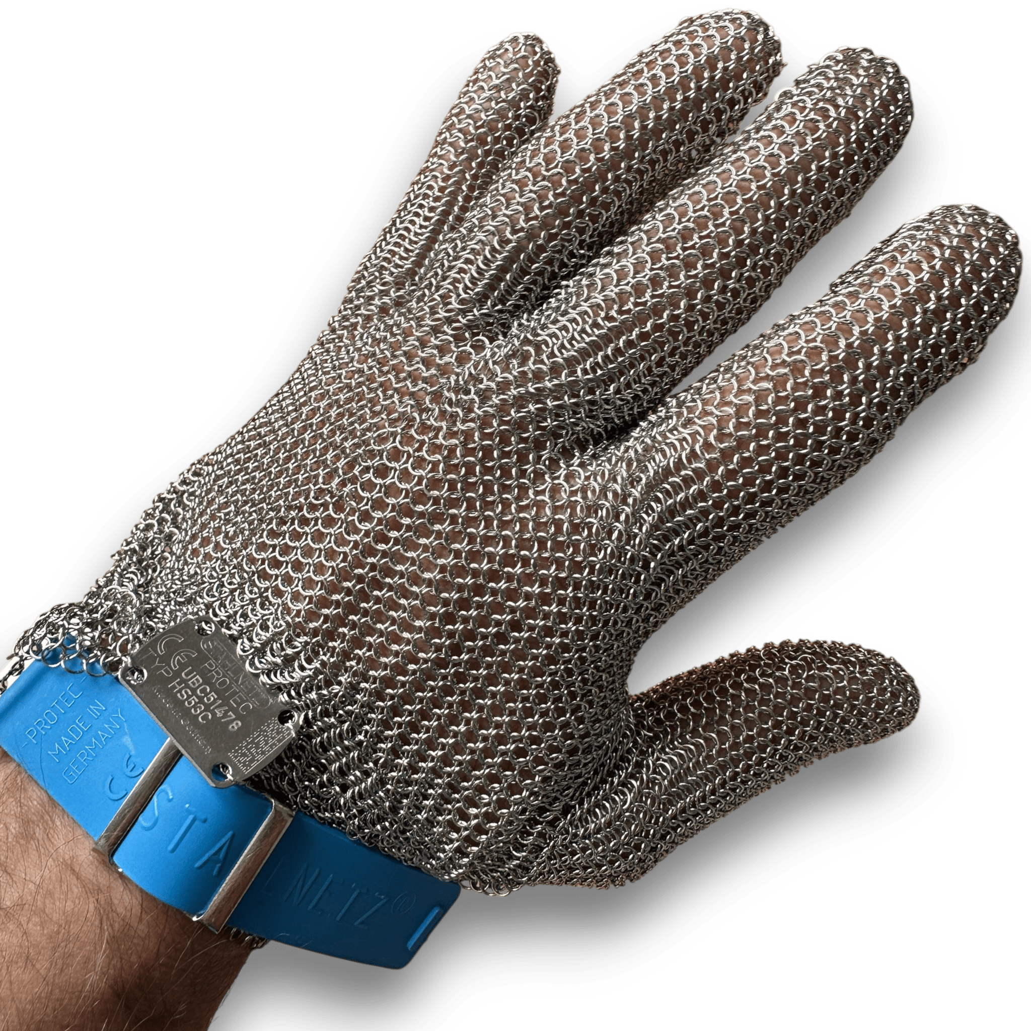 Stechschutzhandschuh PROTEC aus Edelstahl mit Kunststoffverschlussband in Nahaufnahme