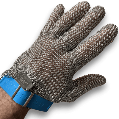 Stechschutzhandschuh PROTEC aus Edelstahl mit Kunststoffverschlussband in Nahaufnahme